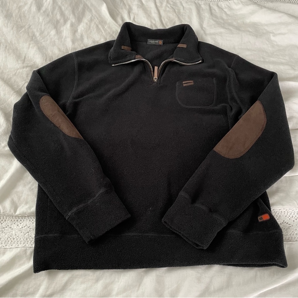 Corneliani ID Sz 56 LARGE Black fleece jacket 1/4 zip elbow patch suede Italian